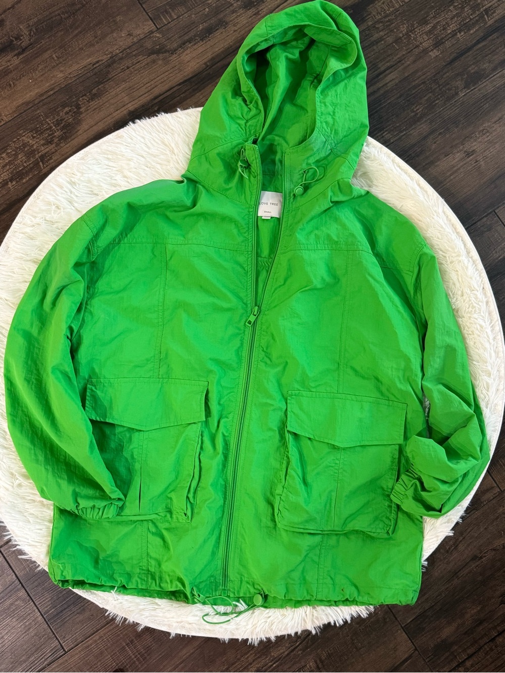 Love Tree Bright Green Hooded Rain Jacket Windbreaker Utility Coat Small Womens